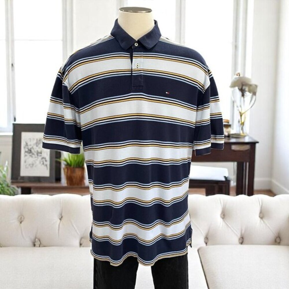 Tommy Hilfiger Striped Polo‎ Shirt XXL Navy Y2K Retro Menswear Classic Fit
